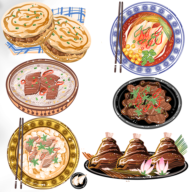 油泼面肉夹馍羊肉泡馍陕西西安美食元素插画