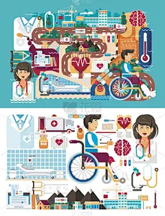 Vector big set设计平面风格的插图病人医疗保险治疗疾病的药物保健和康复医生护士救护车在医