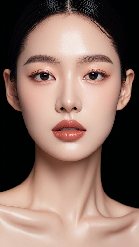 美女 五官精致 黑色背景 深邃眼眸 浅唇色 半身无遮挡 高级感 现代风格 朴素大方 素颜 中景 模特 面部轮廓流畅 哑光裸色口红(1) (3)-花瓣网