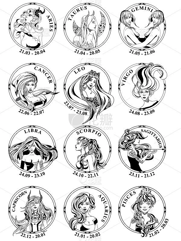 12 signs of zodiac in round frames, vector.素材-花瓣网