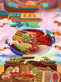 国潮美食串串香 【酷图网】中国风美食,中国美食,美食,国潮,中国风,食物插画,传统美食插画,食品海报插画,食品广告,餐饮挂画,餐饮插画,饭店展板,酒店展架,中华美食宣传,中国风插画,人物插画设计,人物形象,一家人团圆,吃饭,餐饮海报,饭店海报,国潮美食,地方特色