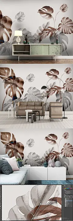 小清新手绘水彩植物北欧现代简约背景墙壁画