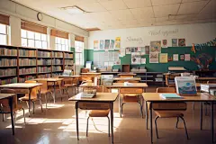 校园学校教室课桌椅场景摄影图