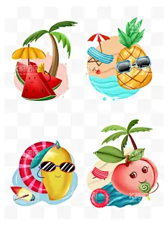 夏日水果贴纸  - 源文件下载【酷图网】夏日,水果,贴纸,菠萝,西瓜,芒果,桃子,海滩,沙滩