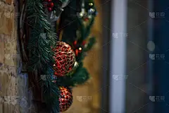 花环,自制的,石墙,球,贺卡,新的,雪,香槟,明亮,建筑业