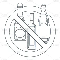 禁止饮酒。标牌禁止瓶装香槟、啤酒、伏特加。一组酒精饮料。黑白插图的瓶子在交叉的圆圈。禁止饮料平面线条