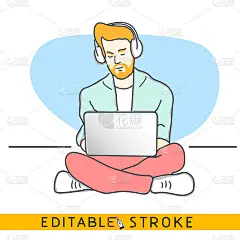 潮人坐在地板上，拿着笔记本电脑和耳机。手绘风格矢量涂鸦设计插图。轻松改变卡通矢量与可编辑的笔触。