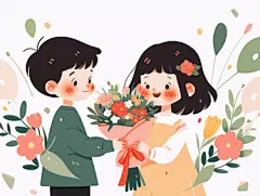 情侣男孩给女孩送花场景唯美浪漫情人节爱情双人手绘插画温馨氛围感场景海报卡通人物插画七夕