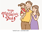 母亲节插画：爸爸抱着女儿，女儿送妈妈一朵花 开心幸福的一家人