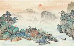 中式青绿瀑布山水国画电视背景墙  - 源文件下载【酷图网】电视墙,背景墙,壁画,装饰画,海报,墙绘,墙壁,新中式,中式,中式风格,水墨画,水墨国画,山水画,风景画,山水,风景,水墨,仿古画,仿古山水,古代山水,意境,禅意,山峰,山脉,森林,江南,民居,古代民居,水纹,倒影,渔船,瀑布,流水,青山绿水,青绿山水,财源滚滚,风水画,古松,简约,