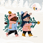 Children's illustration of a bear and a rabbit transporting their christmas tree.