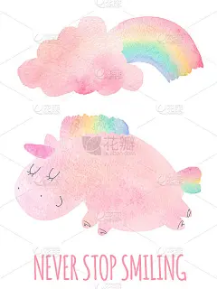 水彩独角兽和云与彩虹