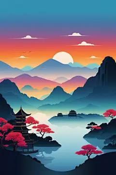 唯美国潮风扁平山水意境插画