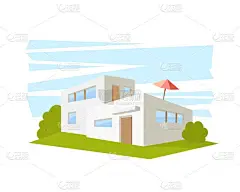 平面式现代建筑用绿色草坪的房子。透视视图中的矢量绘图.