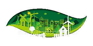 绿色环保手绘太阳单车城市建筑地标镂空剪影...