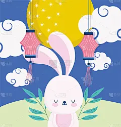 中秋快乐，兔灯笼明月云草叶，祝福幸福