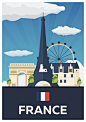 Travel poster to France. Vector flat illustration.