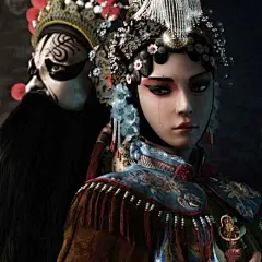 唱盡新詞歡不見，紅霞映樹鷓鴣鳴。（京劇女子插畫）