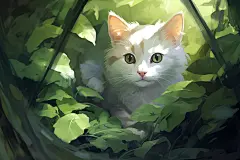 绿色清新灌木丛中的可爱小猫插画