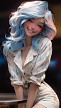 young girl leaning on the bar, medium shot, blue-red gradient hair color, white delicate skin, almond-shaped blue eyes, oval face, unforgettable smile, bright tender smile, raised mouth corners, dimpled face, fashion bodysuit, gorgeous appearance. Concept