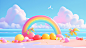 a banner, Summer, ocean, blue sky, red, yellow, green,( blue:1), soft lighting, bright colors, 3D icon clay rendering, mixer, 3D, pink background, edge light, high-quality, Cinema4D, OC rendering super details, best quality, ultra high definition