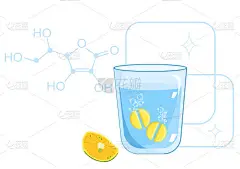 抗坏血酸或维生素C化学配方。滤泡片溶于一杯水中.柠檬片是一种天然营养物质.免疫系统的生物补充剂。抗衰