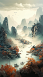 景观图远山古建筑国潮风中国风清河船只鸟类风景插图