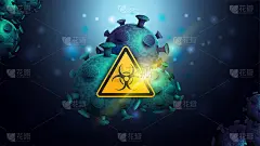 深色和蓝色的背景模板与冠状病毒分子和黄色的生物危险警告标志。2019 - ncov冠状病毒。冠状病毒