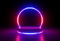 3d render, neon light, glowing lines, ultraviolet, stage, portal, round arch, pedestal, virtual reality, abstract background, round portal, arch, red blue spectrum, vibrant colors, laser show