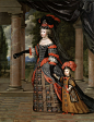 Marie Terese of Spain Marie Terese of Spain,法王路易十四的第一任妻子，這幅肖像是其成為法國王后以後繪製的，從畫面看，服裝的設計風格與她在西班牙做公主時的服裝設計風格差別很大。紅黑經典配色在漢服的設計中比較常見，而作為西洋流行元素並不多見，而這種搭配大方雅致，也不失風情。