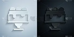 剪纸蛋糕图标孤立在灰色和黑色的背景。生日快乐。纸艺术风格。向量