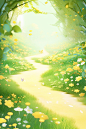 a yellow path with flowers on it, in the style of digital airbrushing, light green and white, childlike innocence and charm, pastoral scenes, animated gifs, ferrania p30, windows vista