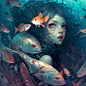 anime style, girl in the ocean among magic fish