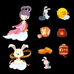 中秋节中国风烫金灯笼祥云兔子月饼盒元素装饰插画(37).psd