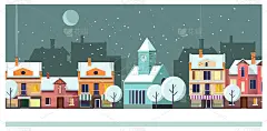 冬夜小镇景观与房屋和月亮插图