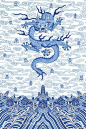 壁画30“x 40”中国皇家龙袍蓝色和白色，艺术印刷品 -  TPP，粉红色塔。  -  1