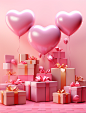 presents, balloons, and hearts sitting in a pink background, in the style of photorealistic compositions, graphic design poster art, sculpted, pink and gold, bright color blocks, daz3d, richly layered