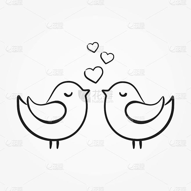手绘的爱情鸟。情侣相爱，情人节的象征。情...