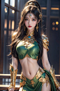  4k, office art, 1girl with green armor, decorated with complex patterns and exquisite lines, k-pop, blue eyes, dark red lips,Navel,