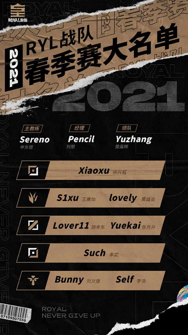 【2021LDL春季赛RYL战队大名单及赛程公布】 教练：Sereno 上单：RYL.Xiaoxu 打野：RYL.S1xu RYL ...