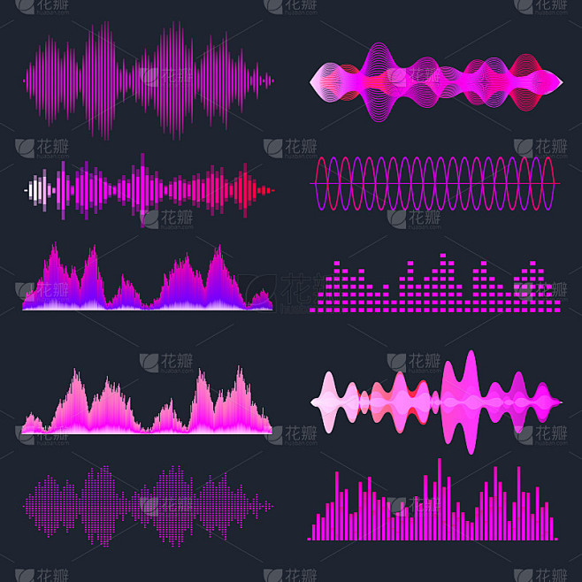 多彩的声波集合。模拟和数字音频信号。音乐均衡器。干扰录音。高频无线电波。矢量图