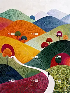 中国夏季风景，曲线线条流畅，色彩极其鲜艳，对比度高，白色背景