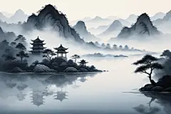 山水写意中国风水墨山水画装饰插画