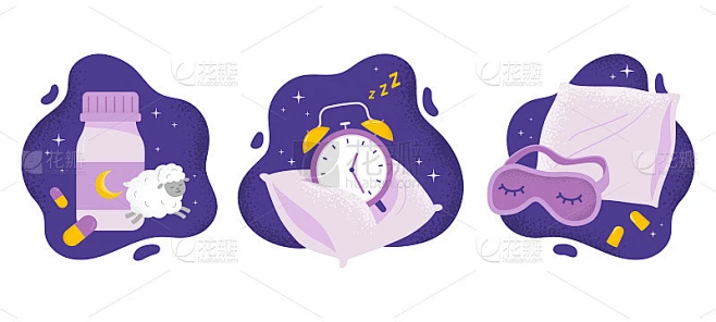 一套改善睡眠的项目。安眠药、闹钟、枕头、面膜。放松,睡的概念。时髦的矢量平面插图。图片_矢量图片素材-花瓣网