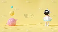 可爱的三维渲染的淡黄色背景抽象场景。太空人卡通宇航员小孩为基座、旗帜、展示产品、舞台设计。极简主义的