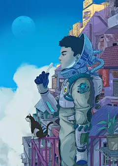 屋顶上的四星宇航员_椰青-Coconut__插画师作品_涂鸦王国gracg.com