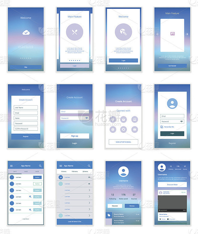 手机屏幕用户界面工具包。现代用户界面UX, UI