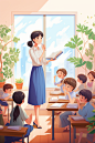 桃李满天下教师节老师学生校园卡通插画