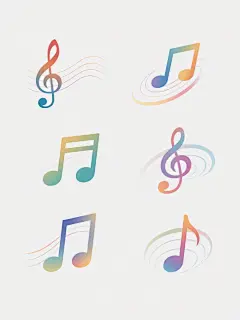 白色背景上，六个造型完全不同的音乐符号系列素材集合规整排布，每个素材均保持原有的飘逸线条、渐变色彩过渡和轻盈灵动的设计风格，但整体色彩各不相同，包含高音谱号、低音谱号、八分音符、十六分音符、升号等核心音乐元素，元素之间通过流畅曲线自然连接，整体呈现出和谐统一的视觉美感与音乐韵律感，适合作为音乐主题的装饰或设计素材。