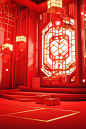 A red room decorated with gold and red, in the style of luminous 3d objects, chinese new year festivities, layered geometry, hyperrealistic details, contest winner, arabesque, light red and white